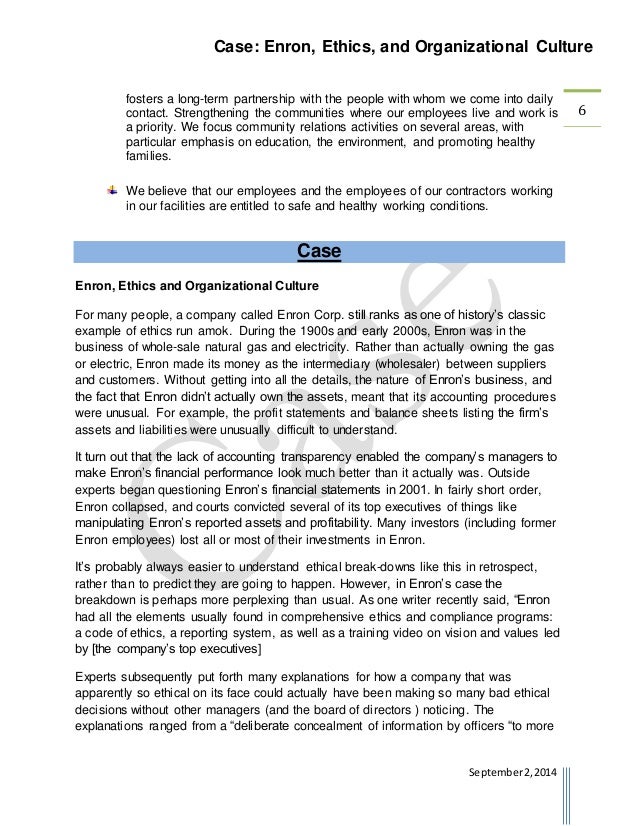 enron ethics and organizational culture case study